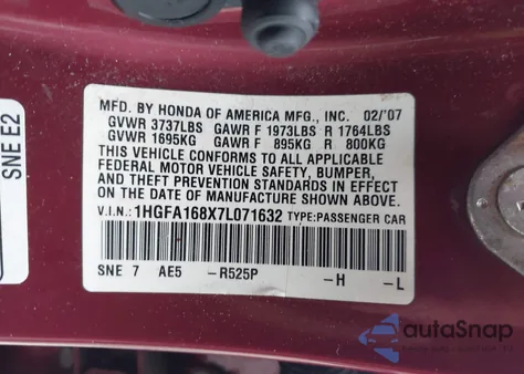 2007 Honda Civic Ex из США, поврежденный, VIN 1HGFA168X7L071632